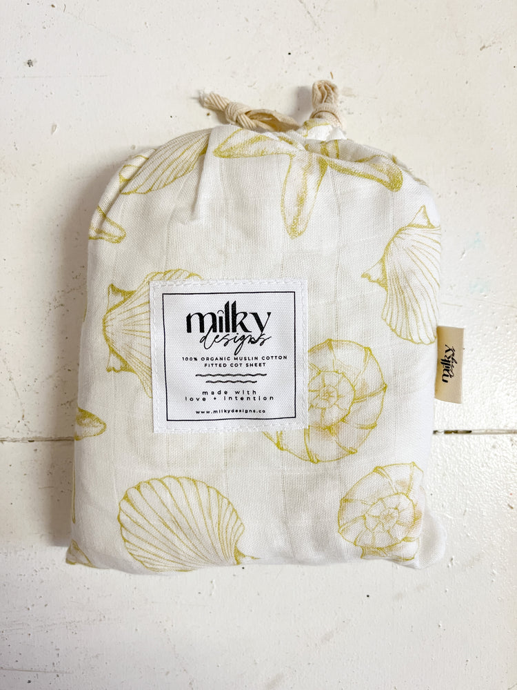
                  
                    Seashells cot sheet - 100% Organic Muslin Cotton
                  
                