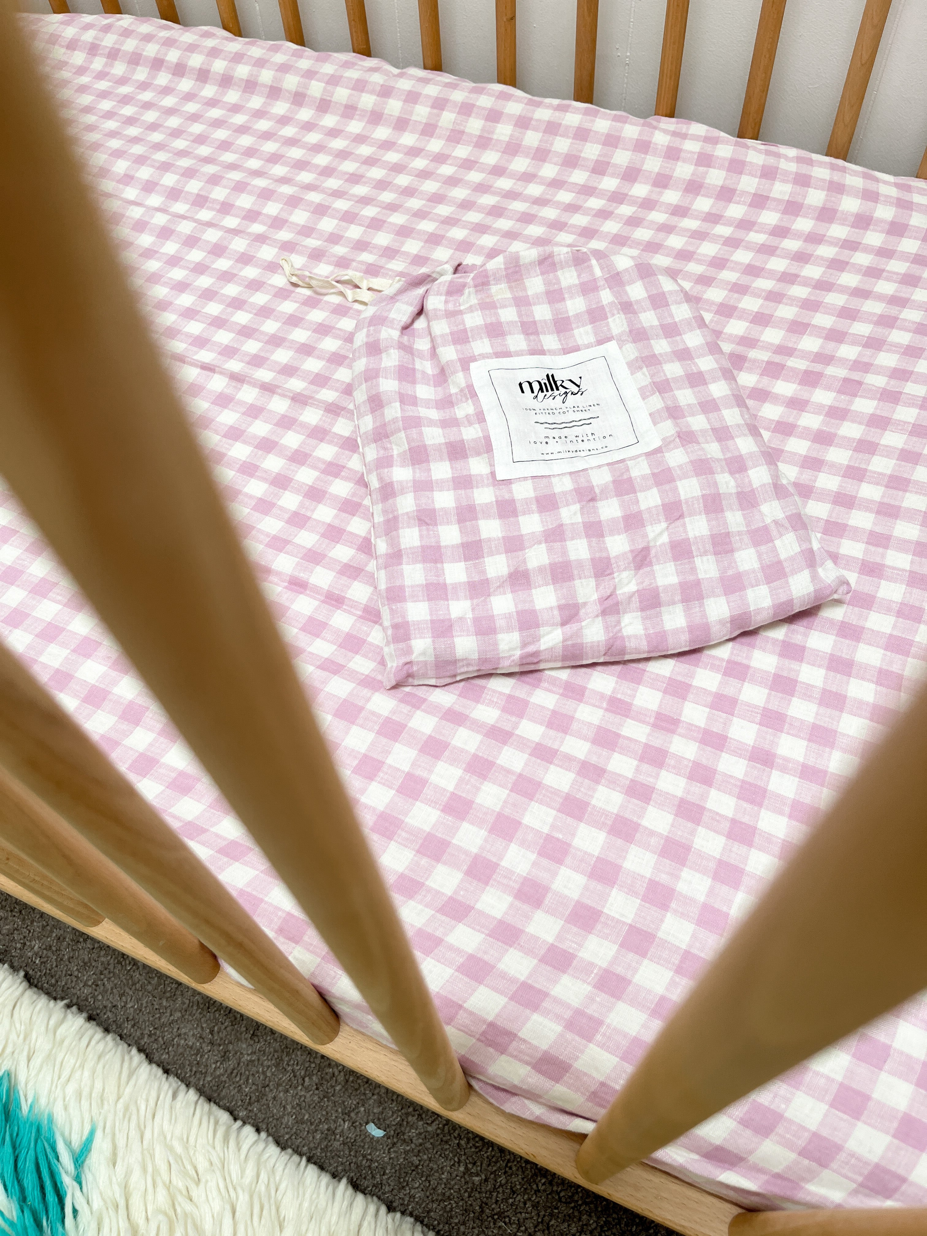 Lilac Gingham Linen Cot Sheet