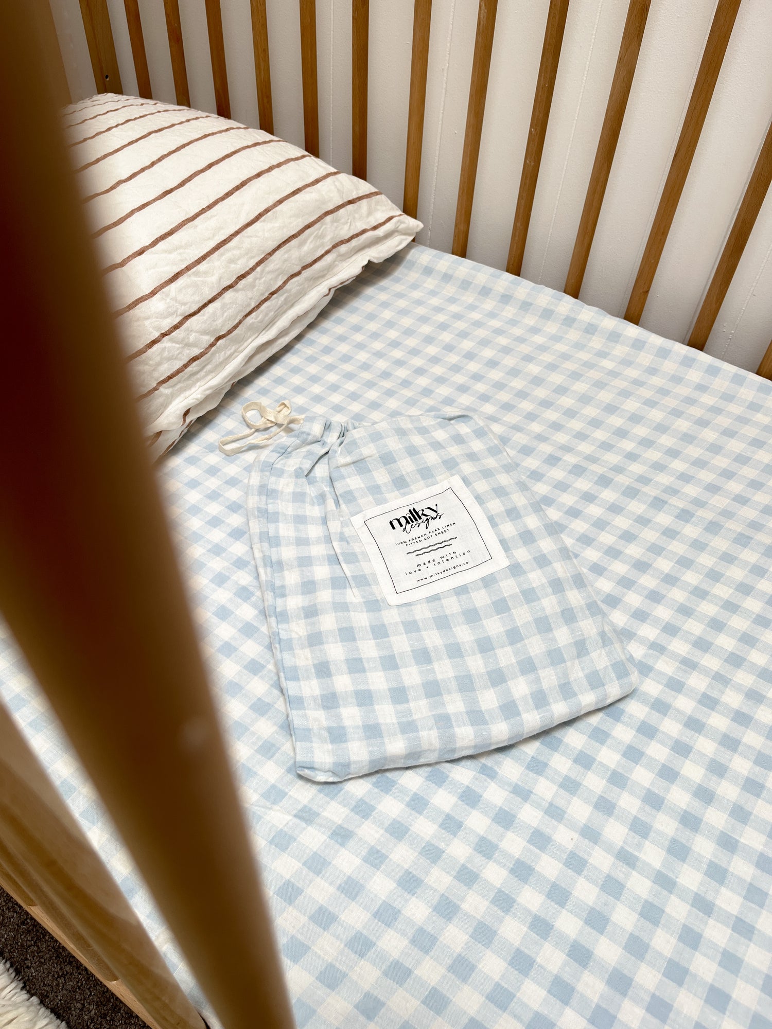 Sky Gingham Linen Cot Sheet