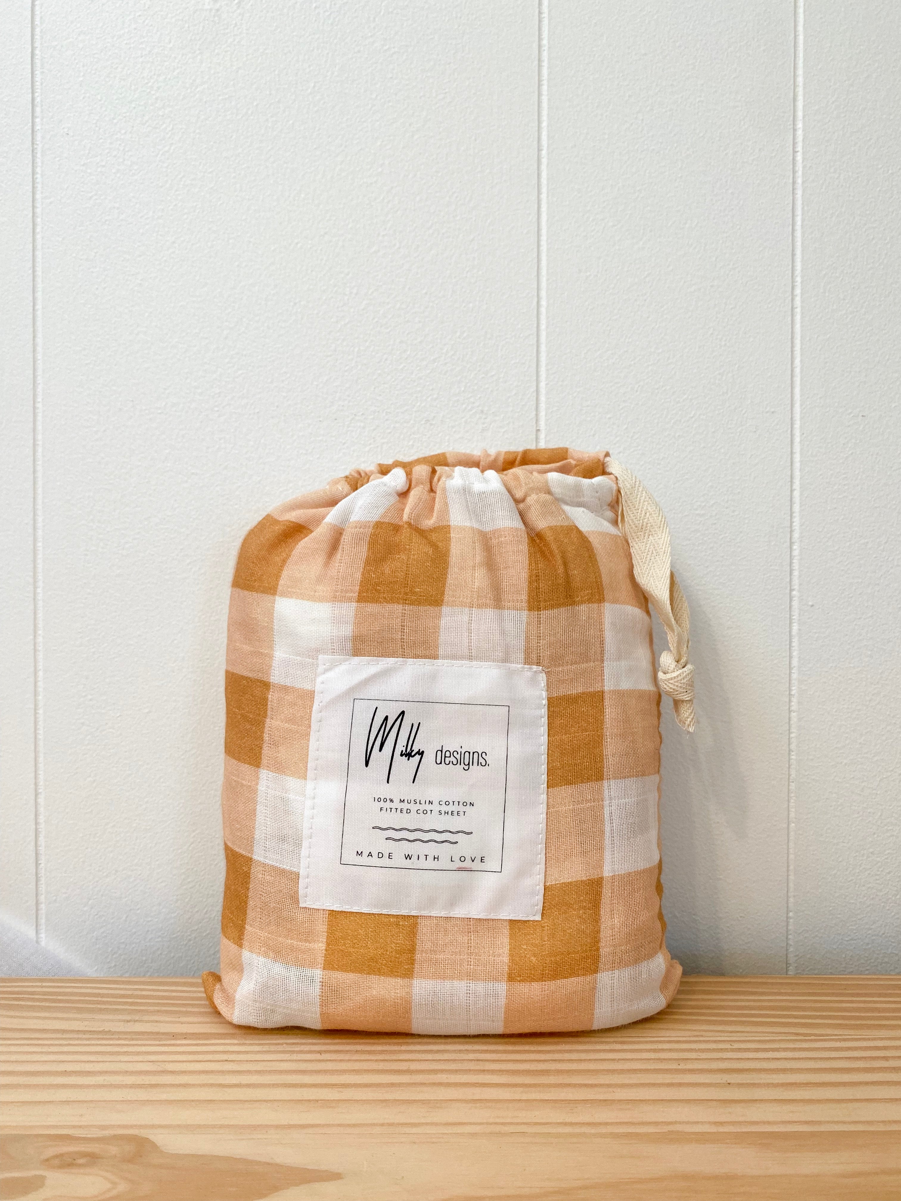 Toffee Gingham cot sheet - 100% Organic Muslin Cotton