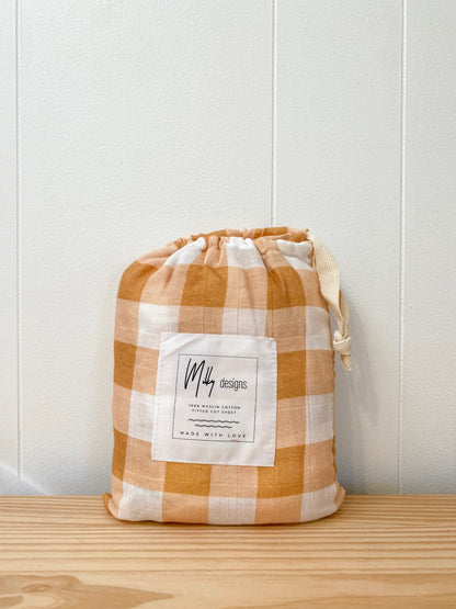 Toffee Gingham cot sheet - 100% Organic Muslin Cotton